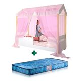 Cama Casinha Com Voal Rosa Solteiro Branco Jhulia Divaloto Com Colchão Gazin