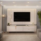 Painel Com Bancada 241cm Avatar Com Led E Detalhes Dourados Para Tv Até 75 Off White G18 - Gran Belo