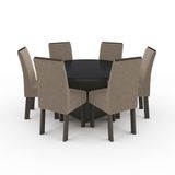 Conjunto Mesa Paris Tampo De Vidro Redondo Preto Temperado 6 Cadeiras Milão Veludo Castor