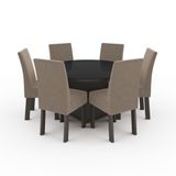 Conjunto Mesa Paris Tampo De Vidro Redondo Preto Temperado 6 Cadeiras Lisboa Veludo Castor