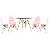 Mesa Eames Com Tampo De Vidro 120 Cm + 4 Cadeiras Estofadas Eiffel Botonê Rosa Claro Rosa