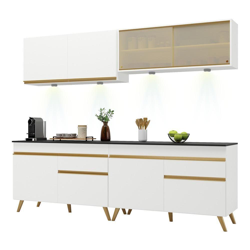 Armário De Cozinha Compacta 240cm Com Leds Veneza Up Multimóveis V2021 Branco/dourado Branco/dourado