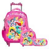 Kit Mochila Infantil Feminina Princesas 3d Rodinhas Toys 2u