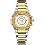 Relógio Feminino Quadrado Com Strass Pulseira Em Aço Inoxidavel Impermeavel Branco Dourado