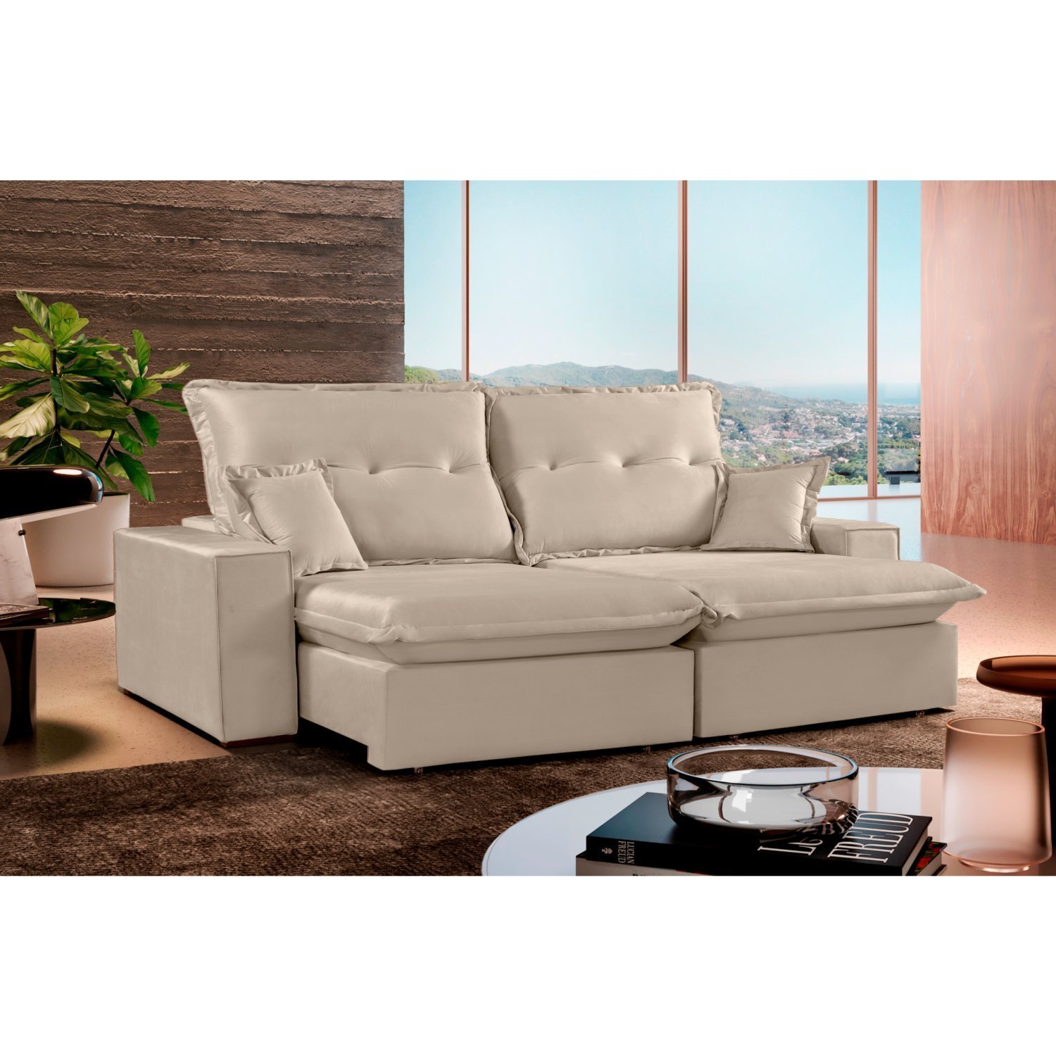 Sofa Retrátil E Reclinável 4 Lugares Com Molas Ensacadas E Pillow Top Momo Espresso Móveis Bege