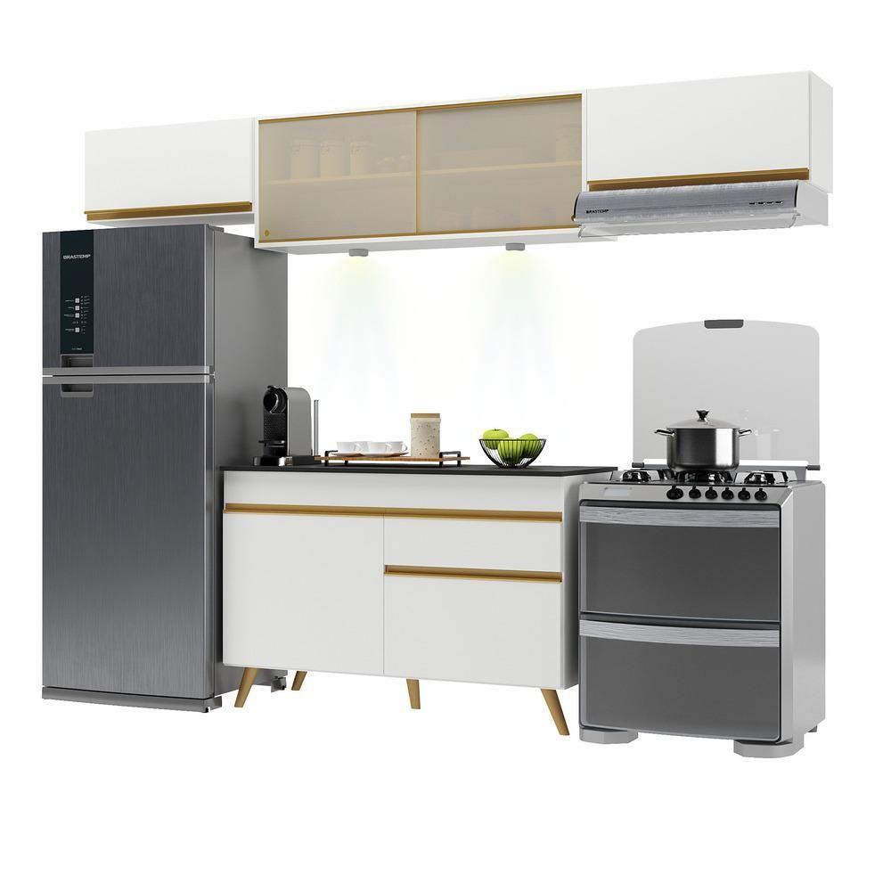 Armário De Cozinha Compacta 260cm Com Leds Veneza Up Multimóveis V2023 Branco/dourado Branco/dourado