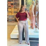 Calça Feminina Plus Size Pantalona Faixa Em Linho