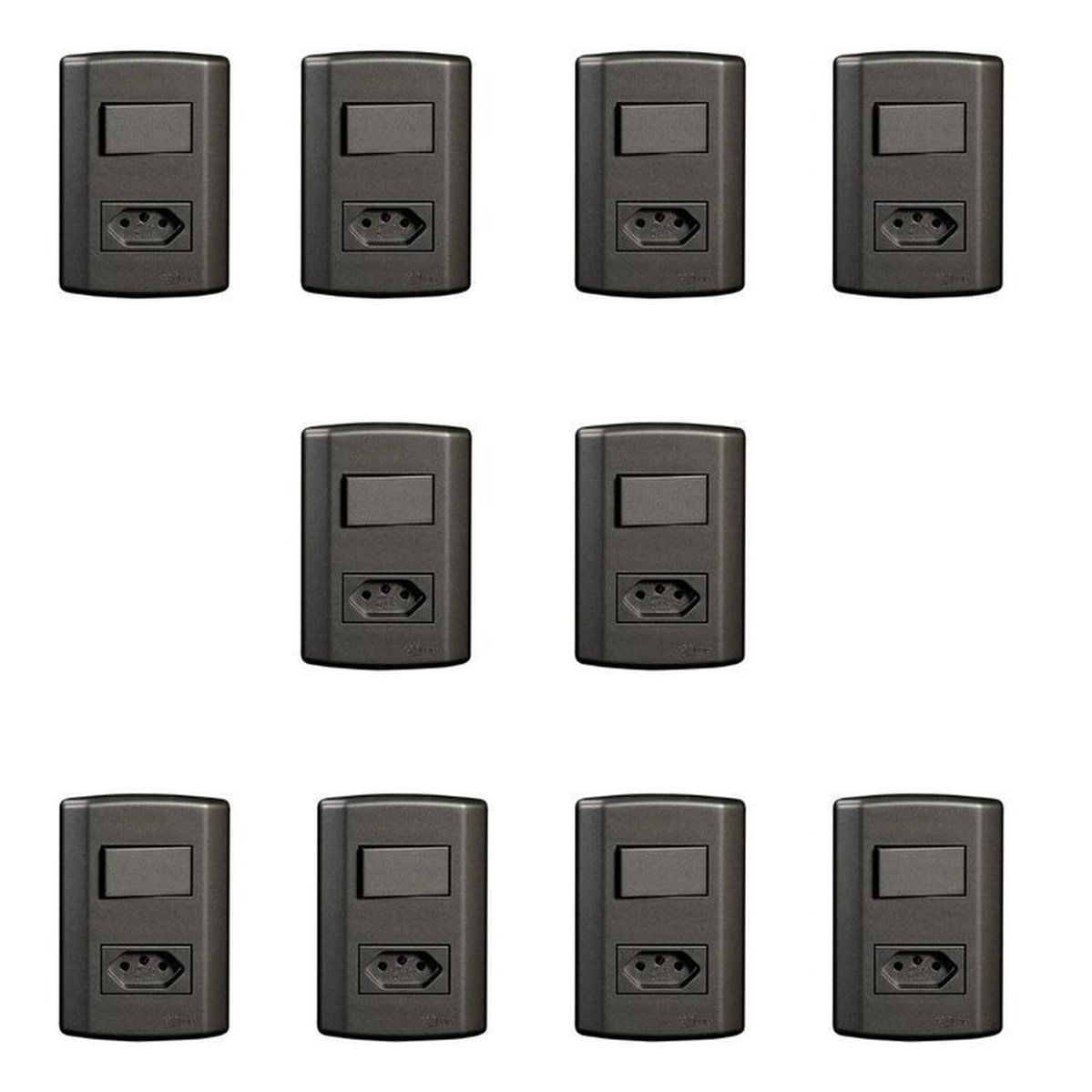 Conjunto De 10 Interruptores De 1 Tecla Simples E Tomada 2p+t 20a , Modular, Com Placa 4x2 E Suporte Preto