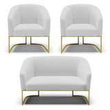 Namoradeira E 2 Poltronas Base Industrial Dourado Stella Linho Cinza A05 D03 - D&#39;rossi