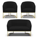 Namoradeira E 2 Poltronas Base Industrial Dourado Stella Linho Preto A79 D03 - D&#39;rossi