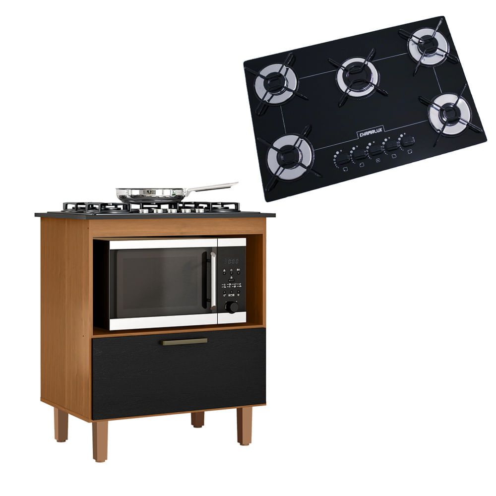 Kit Balcão Cooktop Zanzini Italia Cinamomo/preto 1 Porta E Fogão Cooktop Ultra Chama 5 Bocas Preto Chamalux