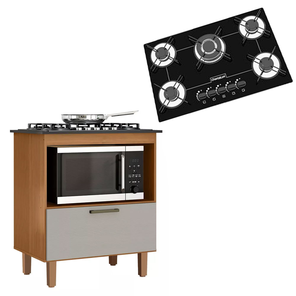 Kit Balcão Cooktop Zanzini Italia Cinamomo/areia 1 Porta E Fogão Cooktop Tripla Chama 5 Bocas Preto Chamalux