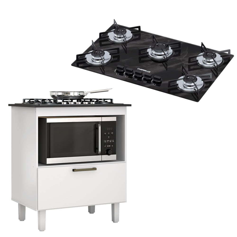 Kit Balcão Cooktop Zanzini Italia Branco 1 Porta E Fogão Cooktop Ultra Chama 5 Bocas Preto Efeito Mármore Chamalux