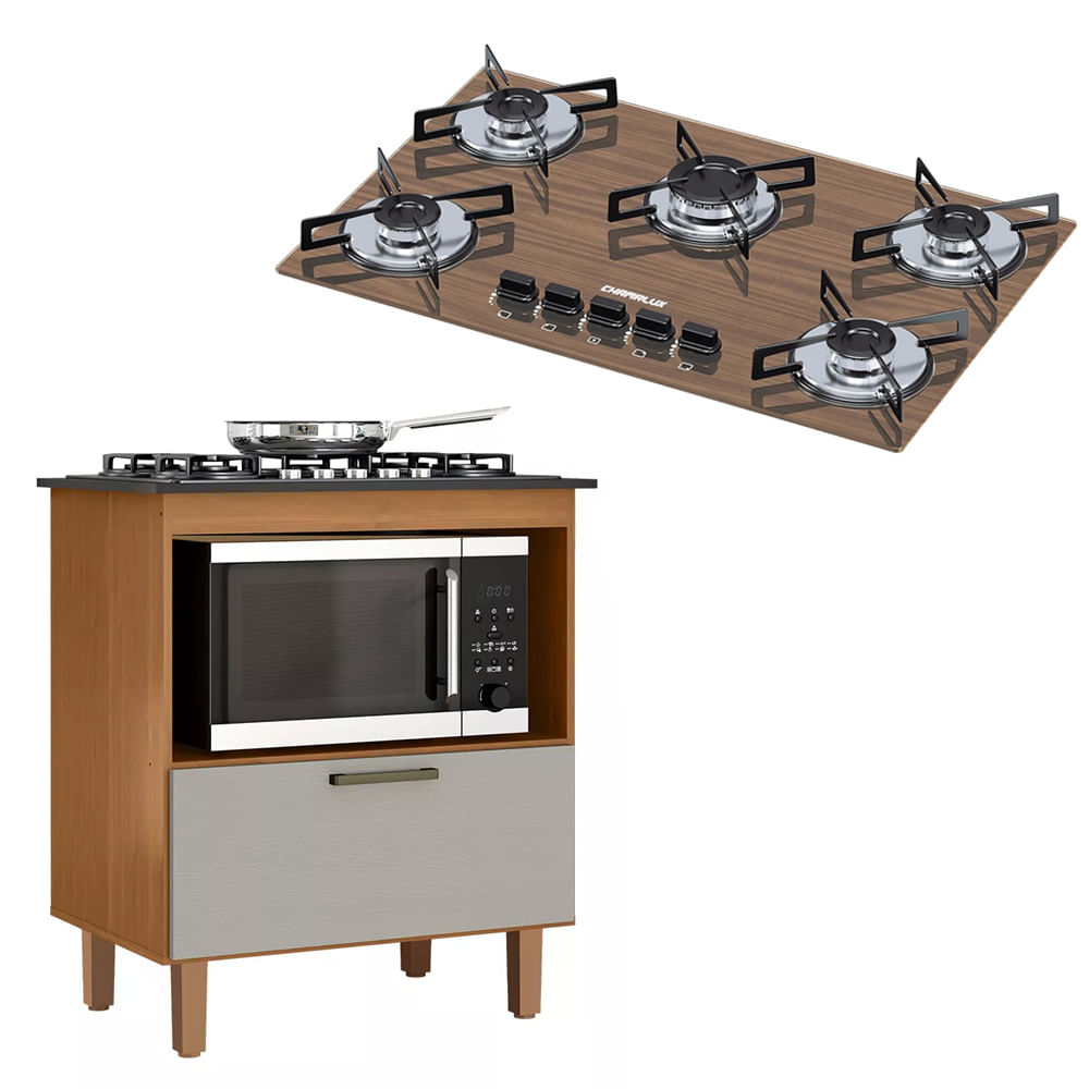 Kit Balcão Cooktop Zanzini Italia Cinamomo/areia 1 Porta E Fogão Cooktop Ultra Chama 5 Bocas Amadeirado