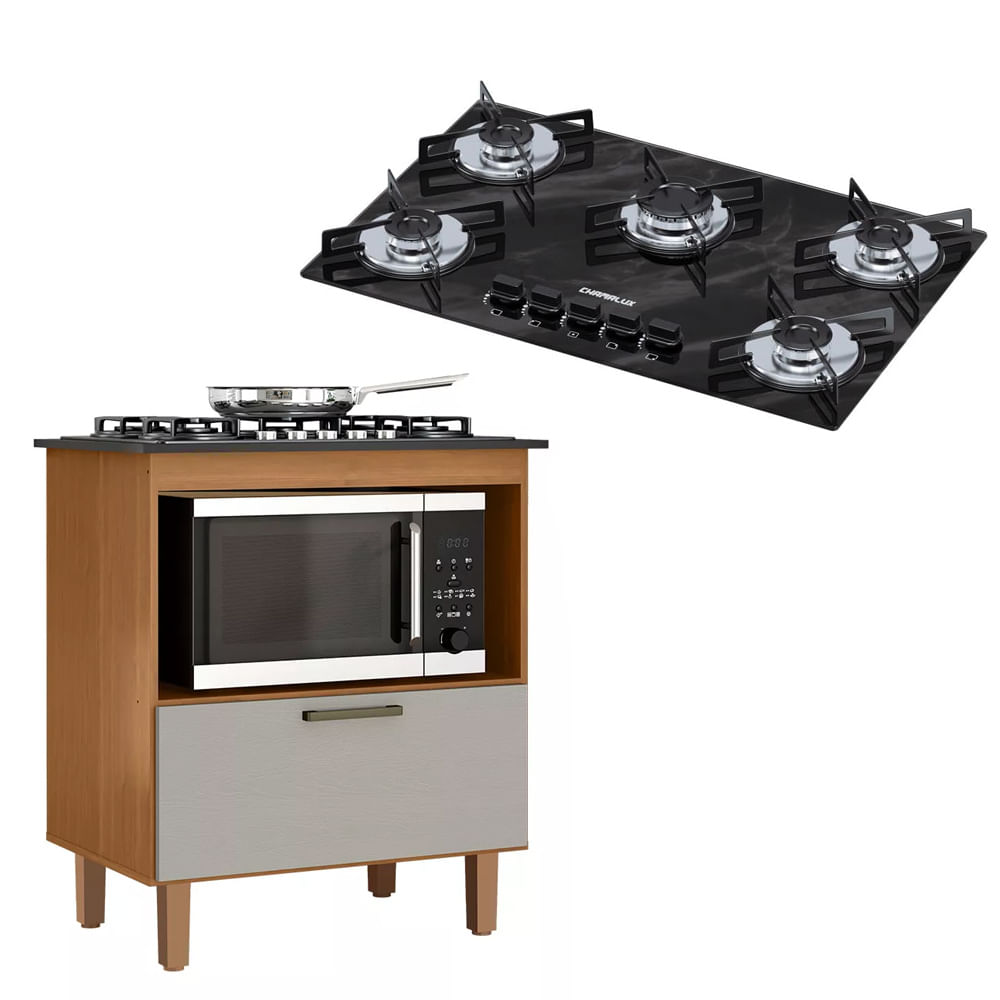 Kit Balcão Cooktop Zanzini Italia Cinamomo/areia 1 Porta E Fogão Cooktop Ultra Chama 5 Bocas Preto Efeito Mármore