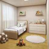 Quarto Infantil Com Cama Solteiro Loop Tecido Corano E Cômoda 8 Gavetas 152x48x96cm Loop Amêndoa Clean/off White