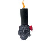 Escultura Crânio Porta Vela Preto 12x8cm Com Rosa Em Resina