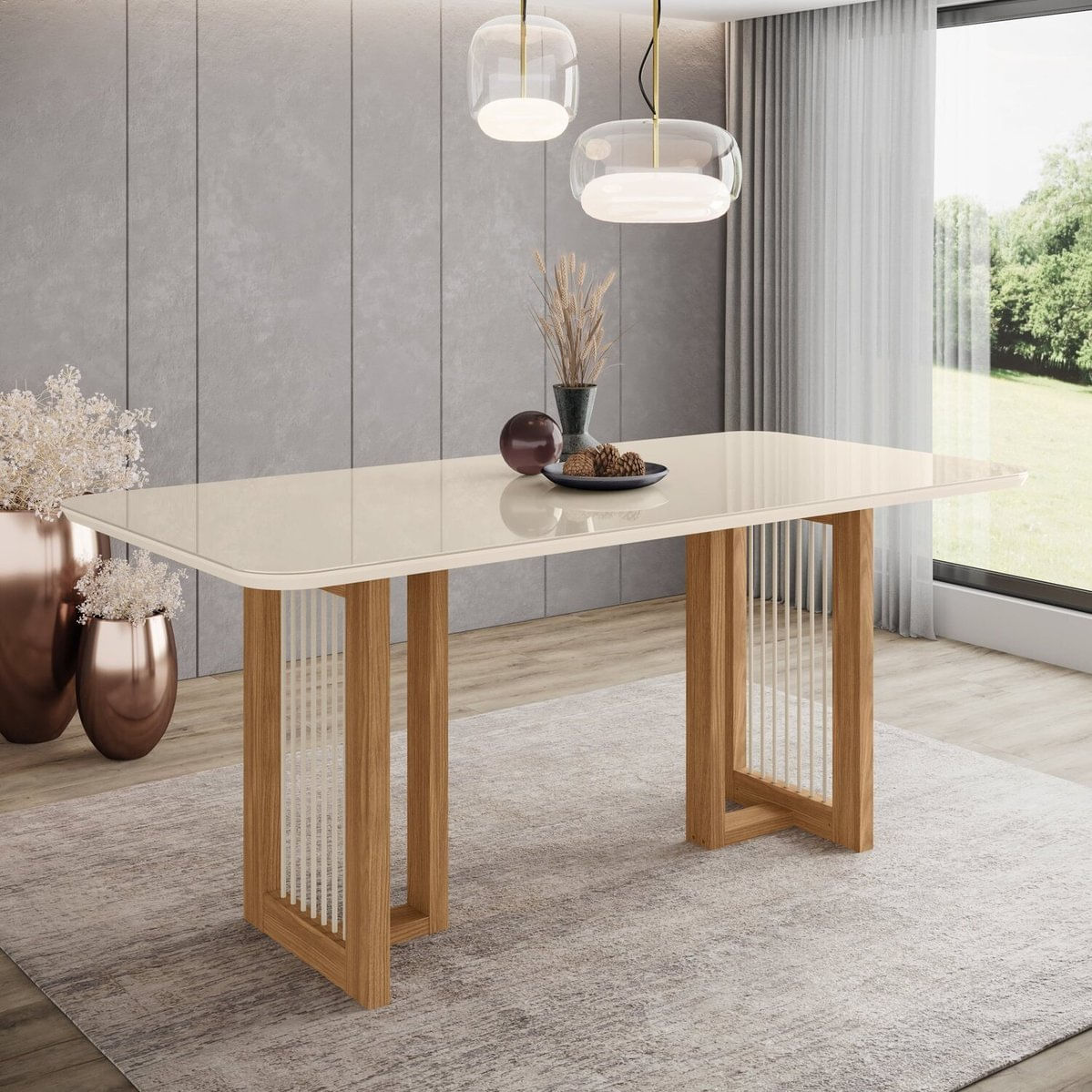 Mesa De Jantar Com Tampo Mdf E Vidro Com Canto Arredondado 180 Cm Yara Nature/off White