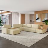 Sofá De Canto Decorativo Sala De Estar 715cm Modulado Takashi Com Chaise E Puffs Linho Bege G45 - Gran Belo