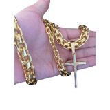 Cordão Cadeado Duplo 13mm + Pingente Cruz Fio Banhado A Ouro