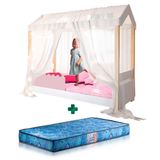 Cama Casinha Solteiro Com Proteção Rose Led E Voal Branco Jhulia Divaloto Com Colchão Gazin