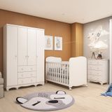 Quarto De Bebê Com Guarda Roupas 4 Portas Cômoda E Berço Com Rodizio Mimo 100% Mdf Espresso Móveis Branco Brilho