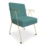 Poltrona Decorativa Taina Suede Base Metálica Industrial Dourado Azul Turquesa