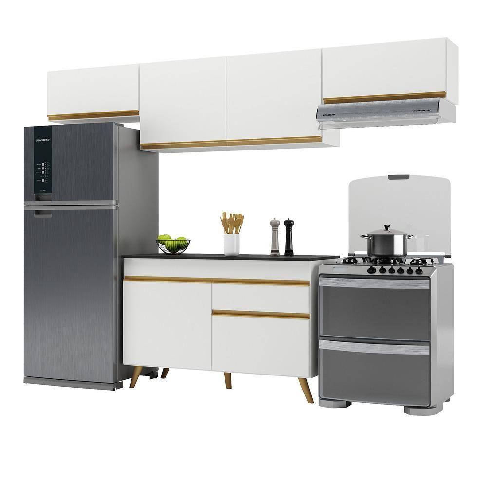 Armário De Cozinha Compacta 260cm Veneza Multimóveis V3697 Branco/dourado Branco/dourado