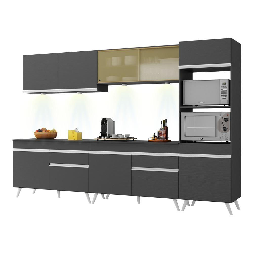 Armário De Cozinha Compacta 302cm Com Leds Veneza Up Multimóveis V2014 Preto/branco Preto/branco