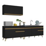 Armário De Cozinha Compacta 270cm Veneza Multimóveis V2076 Preto/dourado Preto/dourado