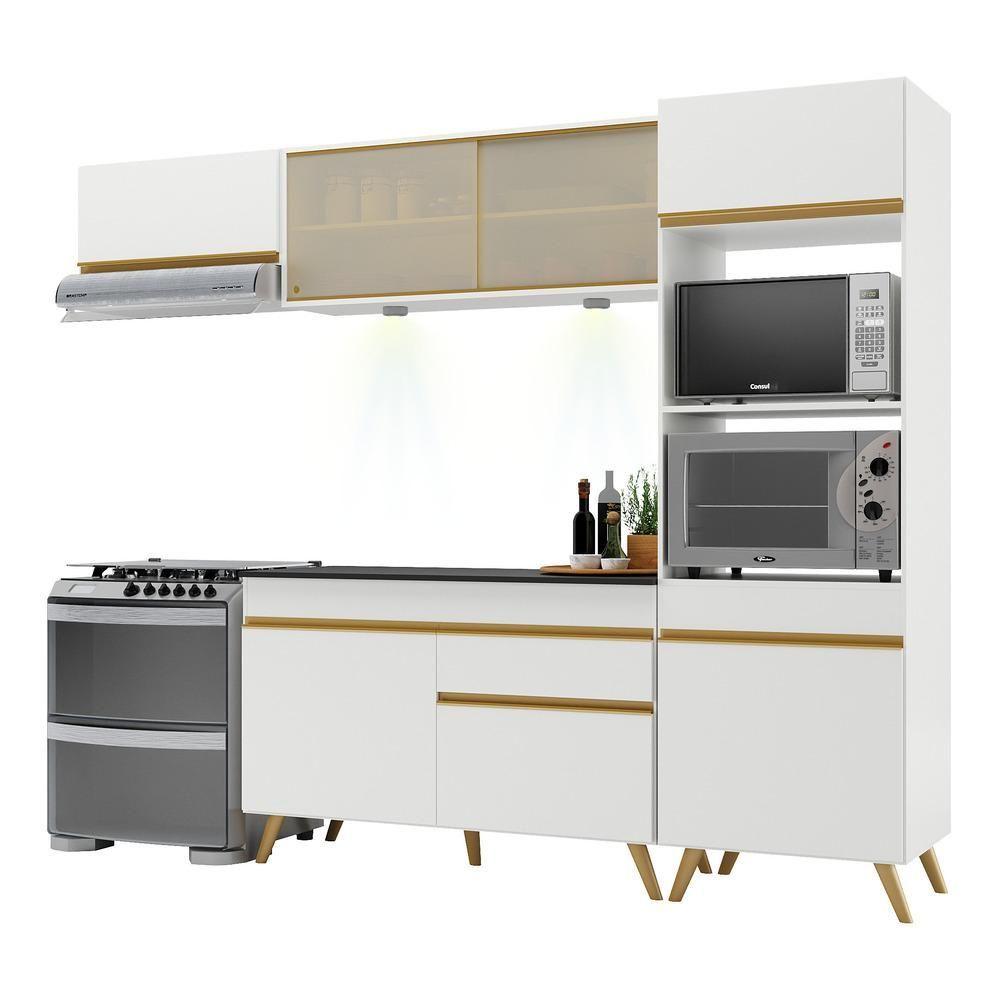 Armário De Cozinha Compacta 252cm Com Leds Veneza Up Multimóveis V2016 Branco/dourado Branco/dourado