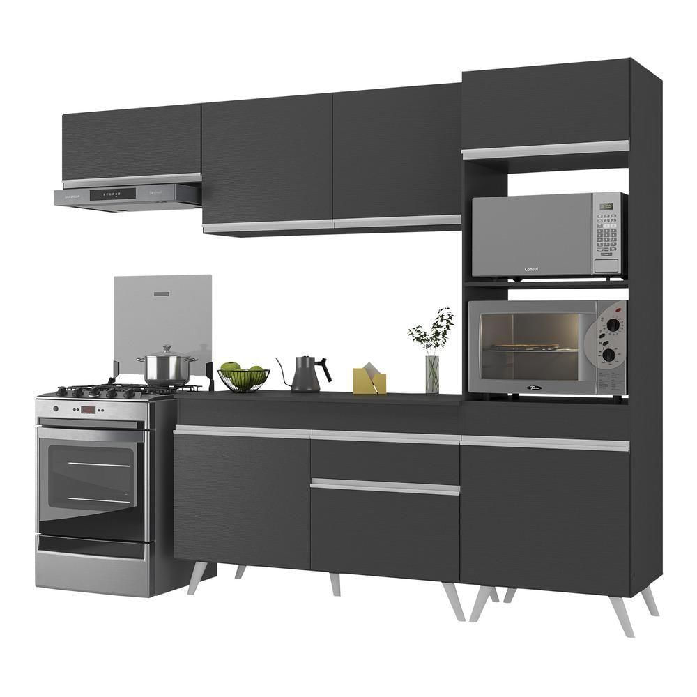 Armário De Cozinha Compacta 252cm Veneza Multimóveis V3690 Preto/branco Preto/branco