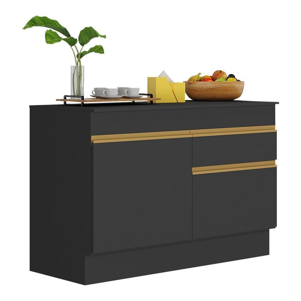 Balcão Cozinha 120cm Com Rodapé 2 Portas 1 Gaveta Veneza Multimóveis V2117 Preto/dourado