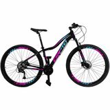 Bicicleta Aro 29 21 Marchas Freios Disco E Suspensão - Preto-azul E Rosa - 15&quot; Preto-azul E Rosa