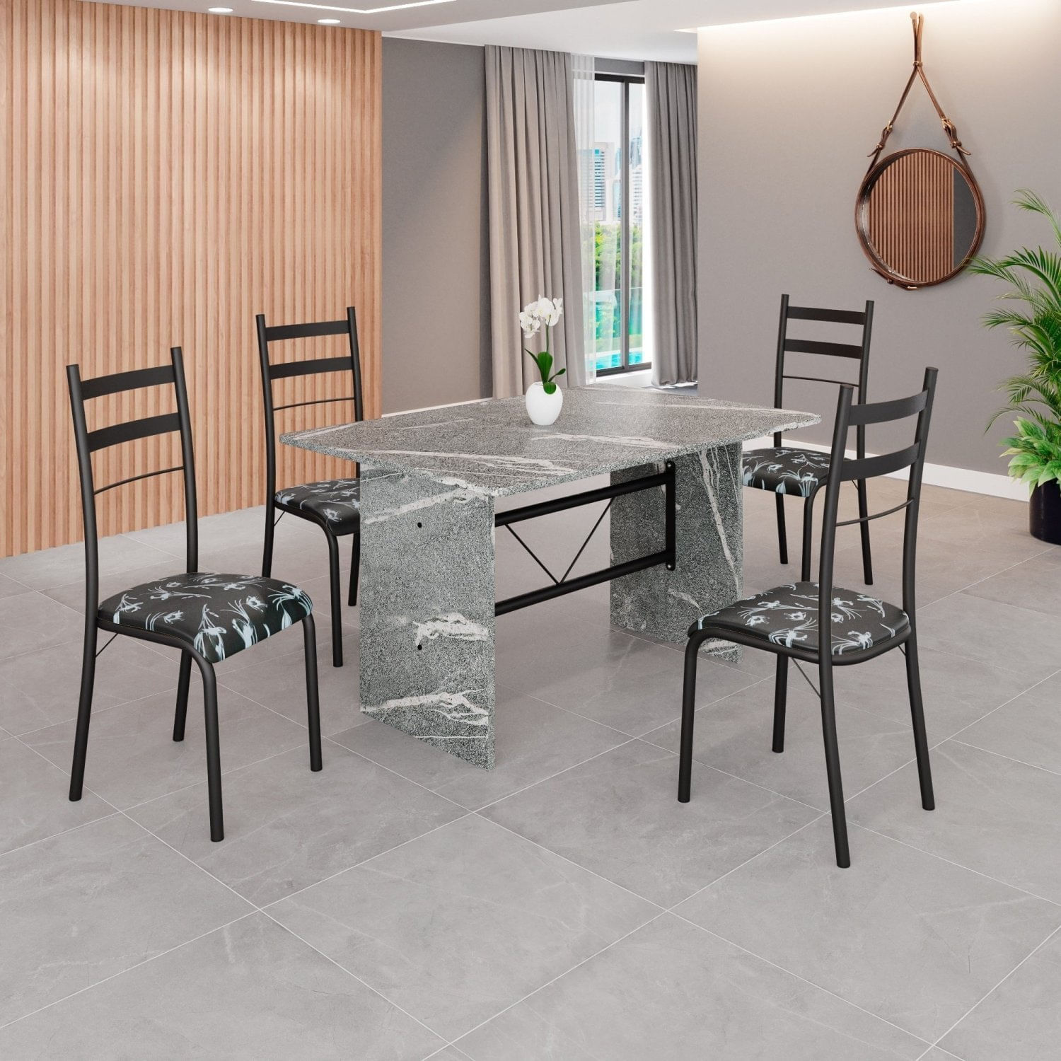 Conjunto Sala De Jantar Mesa Retangular 120x75cm Tampo Granito Topázio 4 Cadeiras Marselha Preto Floral / Preto Fosco