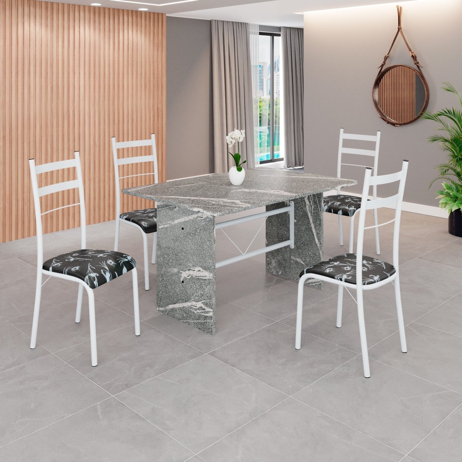 Conjunto Sala De Jantar Mesa Retangular 120x75cm Tampo Granito Topázio 4 Cadeiras Marselha Preto Floral / Branco