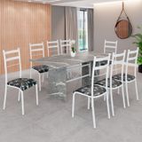 Conjunto Sala De Jantar Mesa Retangular 180x75cm Tampo Granito Topázio 8 Cadeiras Marselha Preto Floral / Branco