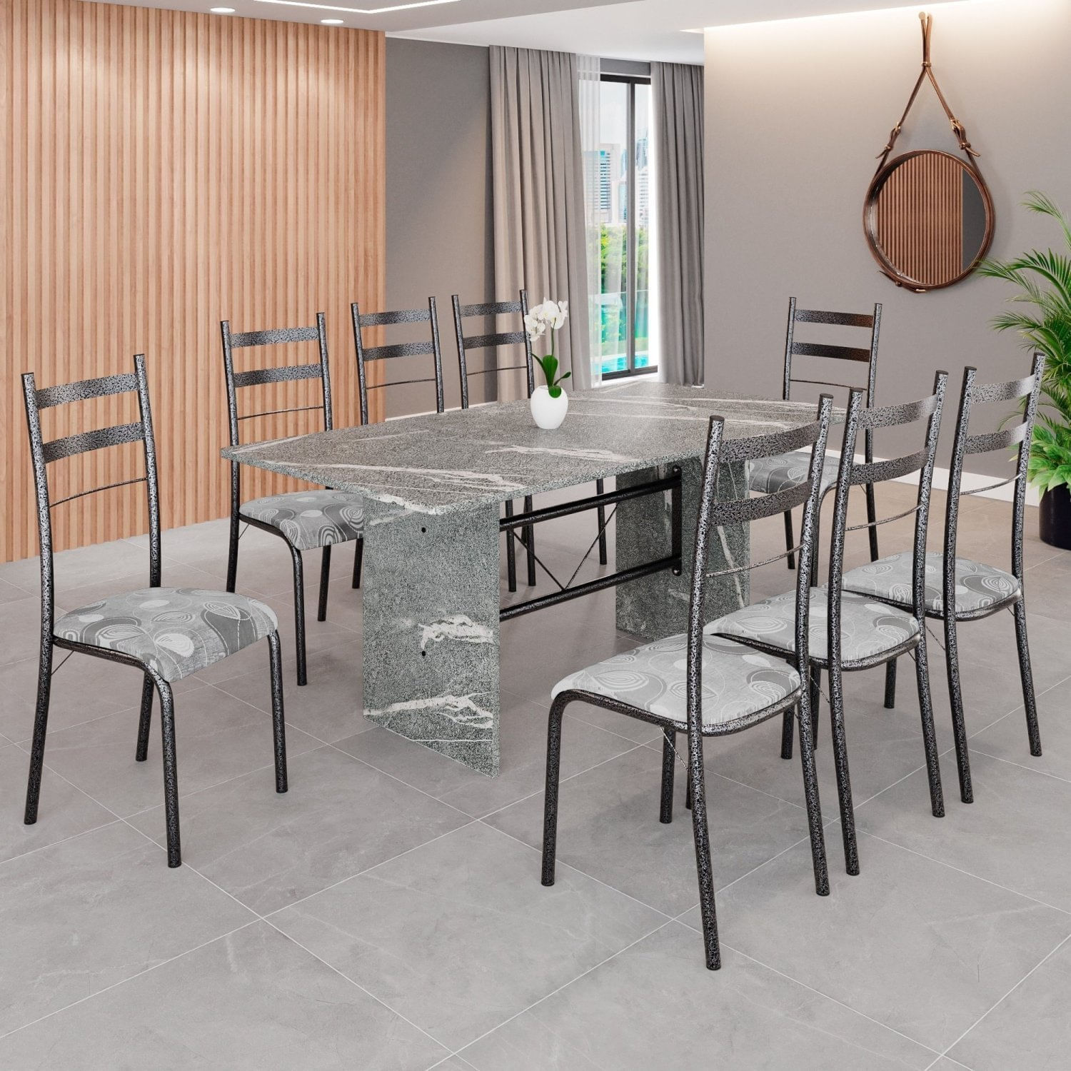 Conjunto Sala De Jantar Mesa Retangular 180x75cm Tampo Granito Topázio 8 Cadeiras Marselha Paraopeba / Mart Prata