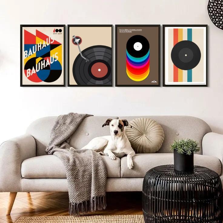 Kit 4 Quadros Abstratos Bauhaus Discos 45x34cm - Com Vidro