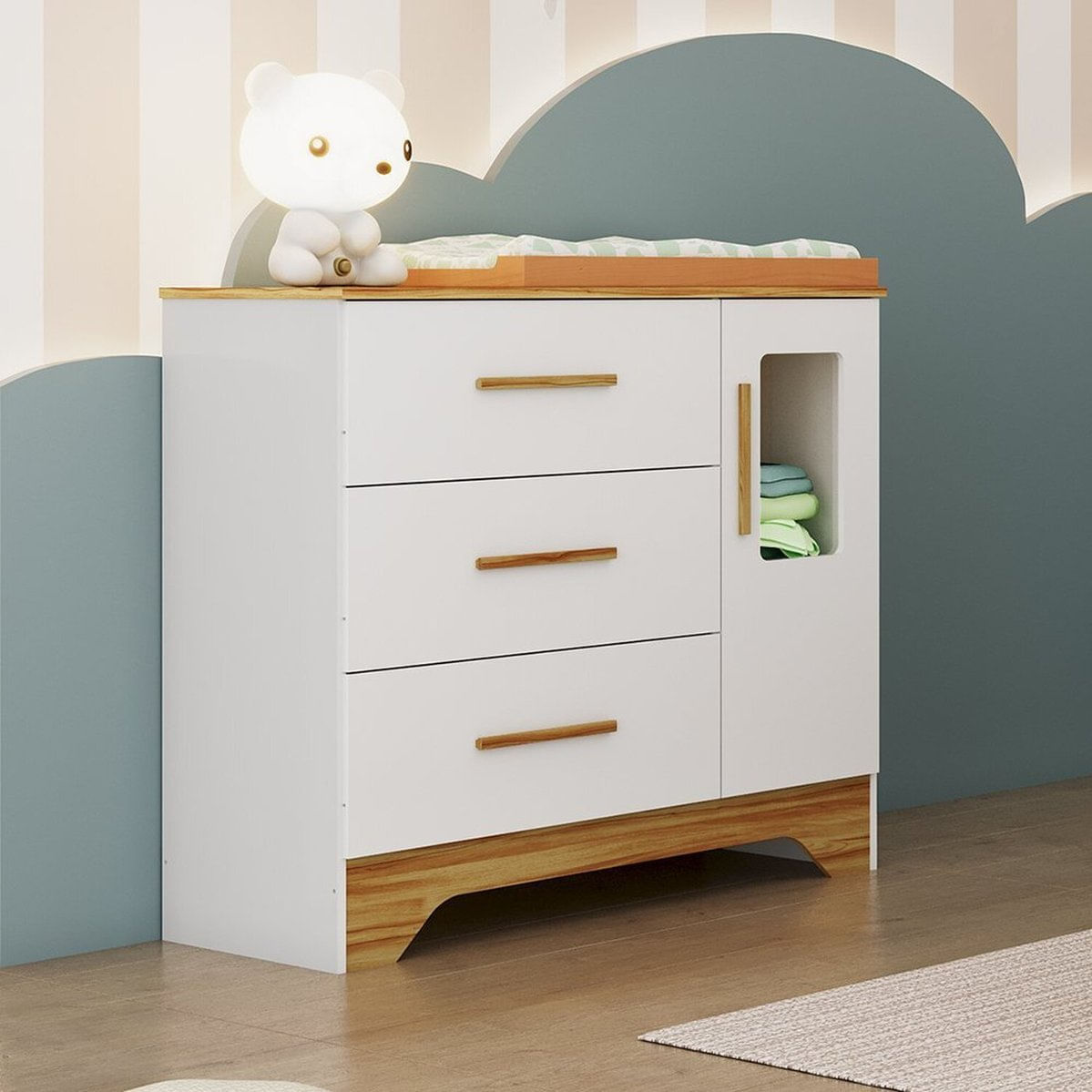 Cômoda Infantil 1 Porta Com Janela Retangular E 3 Gavetas 100% Mdf Liam Branco Brilho/amêndoa