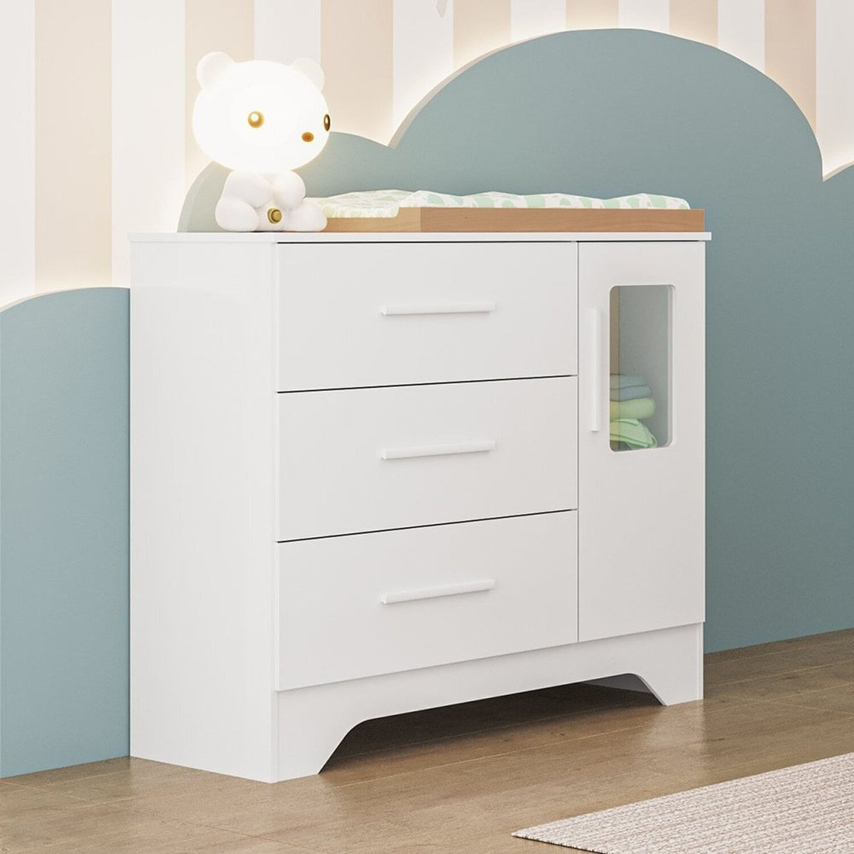 Cômoda Infantil 1 Porta Com Janela Retangular E 3 Gavetas 100% Mdf Liam Branco Brilho