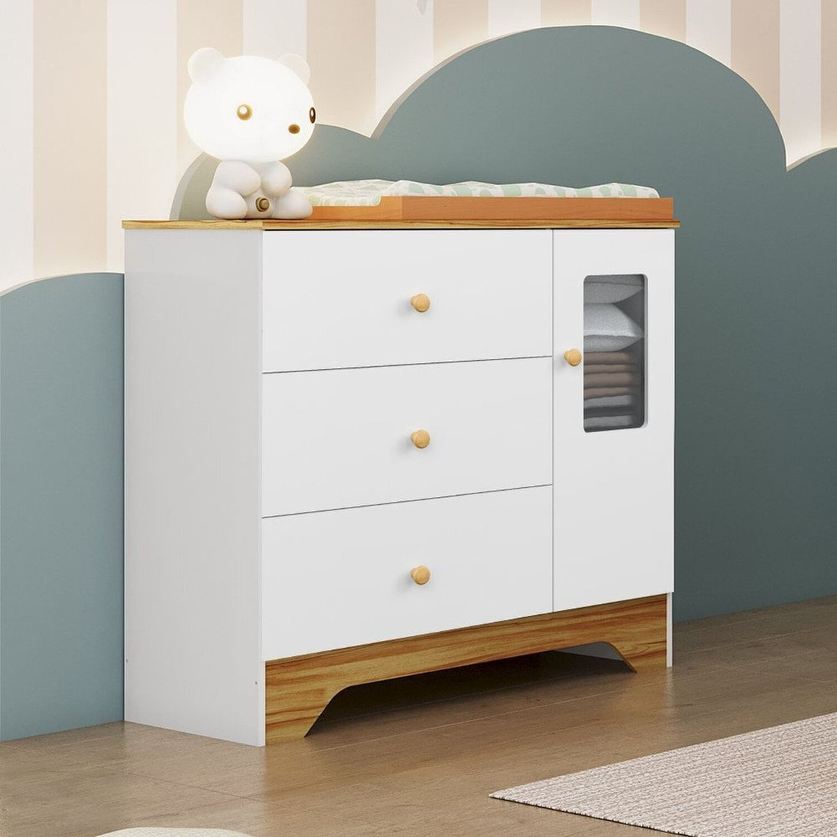 Cômoda Infantil 1 Porta Com Janela Retangular E 3 Gavetas 100% Mdf Cocada Branco Brilho/amêndoa