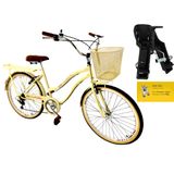 Bicicleta Aro 26 Passeio Com Cesta Metal 6v Cadeirinha Bege