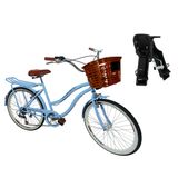 Bicicleta Urbana Aro 26 Com Cadeirinha Cesta Forte 6v Azul B