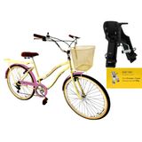 Bicicleta Retrô Urbano Aro 26 Cesta Metal 6v Cadeirinha Bege