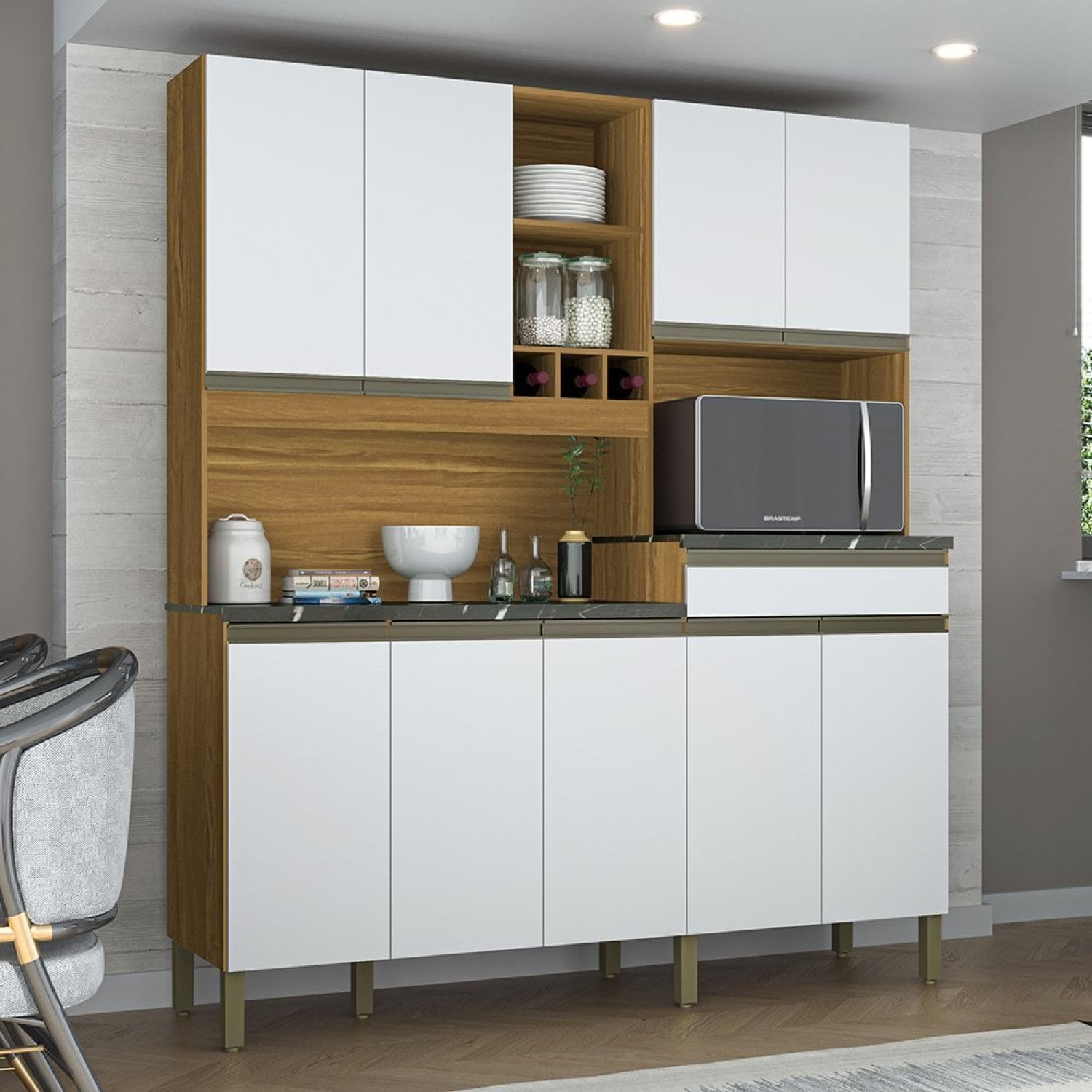 Cozinha Compacta Com 9 Portas 1 Gaveta E Espaço Para Micro-ondas 100% Mdf Roma perfil Espresso Móvei Amêndoa/branco