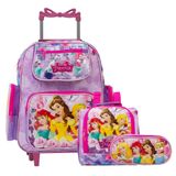 Kit Mochila Infantil Feminina Rodinha Princesas Tam G Lilás