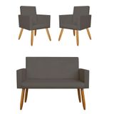 Kit Namoradeira + 02 Poltronas Decorativas Courino Cinza