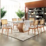 Conjunto Mesa Cristal 1800x900cm Com 6 Cadeiras Madeira Maciça Com Rattan Natural E Estofada Livia  Champagne / Off White