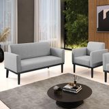 Conjunto Poltrona E Namoradeira Decorativa Pés Fixo Em Madeira Preto Linho Cinza